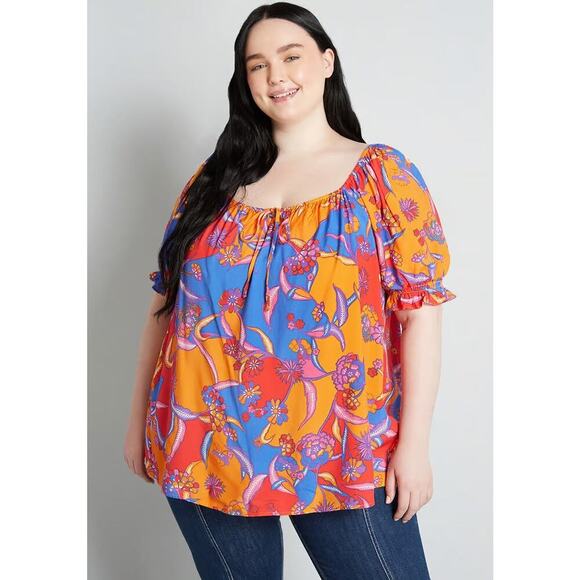 2/$25 Plus Size 2X Boho Floral Peasant Blouse boho Bali Lightweight Top ModCloth - Picture 1 of 7